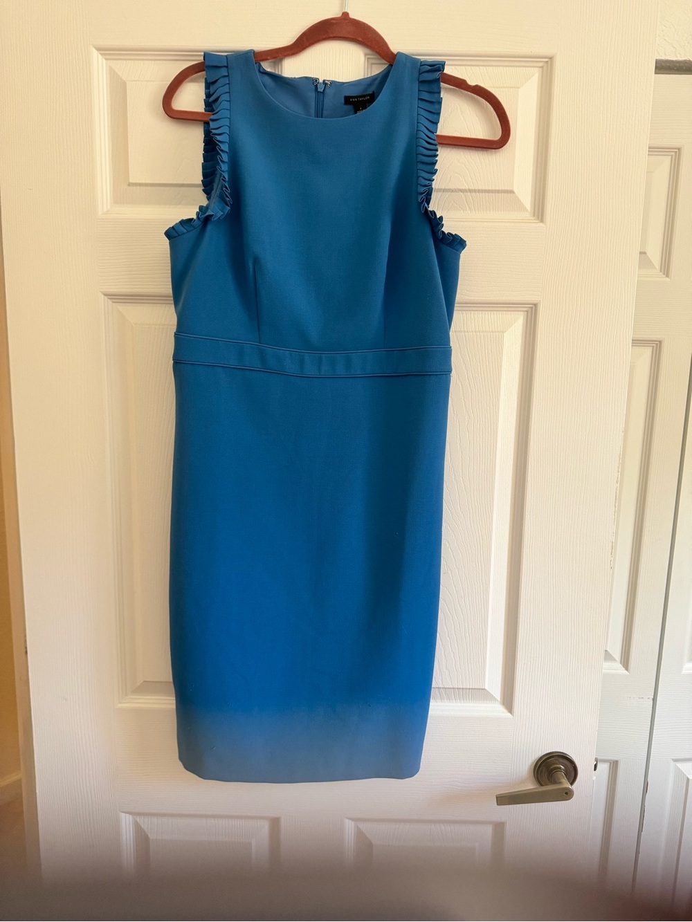 Ann Taylor Teal Sleeveless Ruffle-Trim Sheath Dress